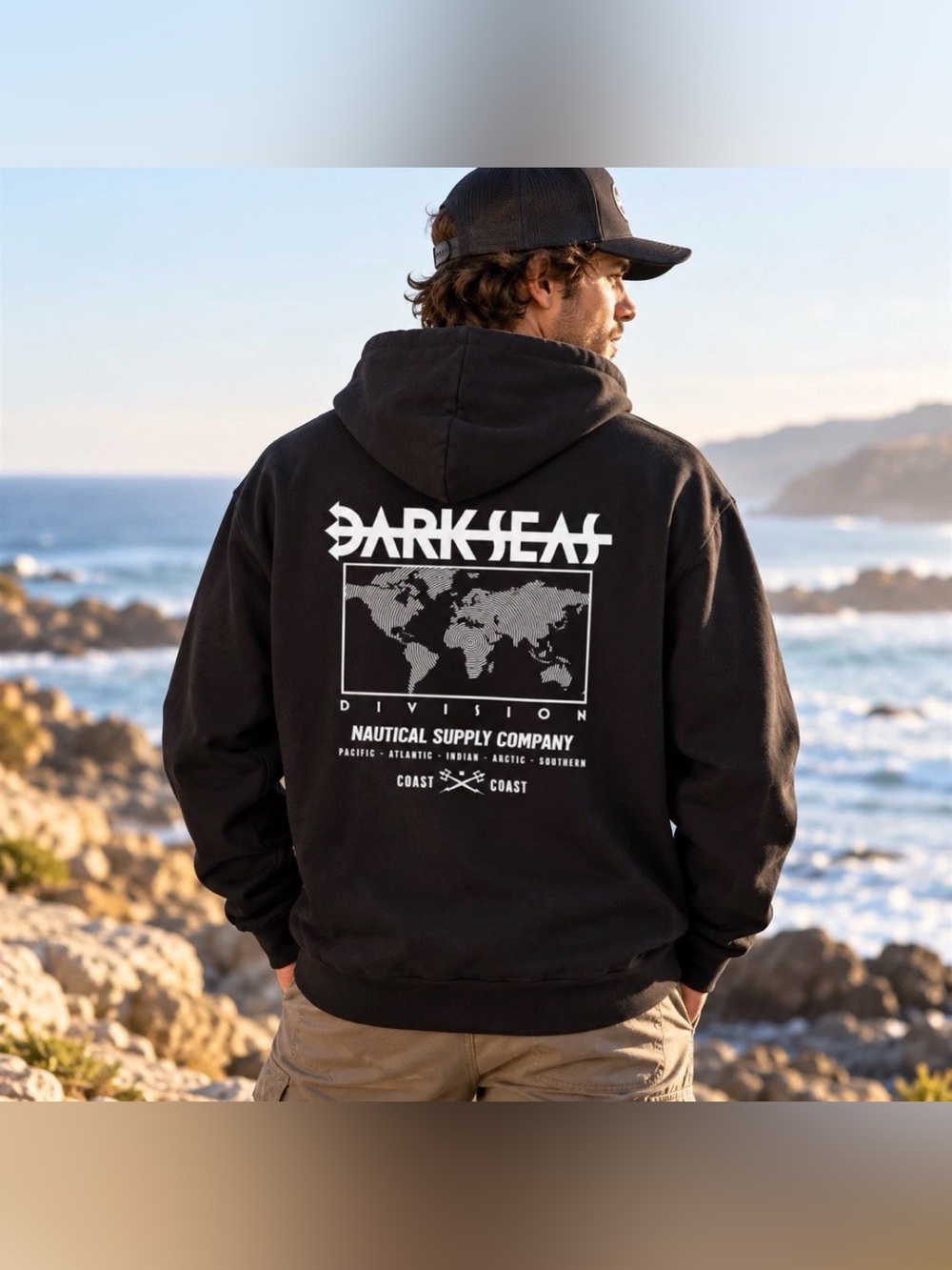 Dark Seas Worldwide Pullover Hoodie Mens L Black Nautical Graphic Sweatshirt